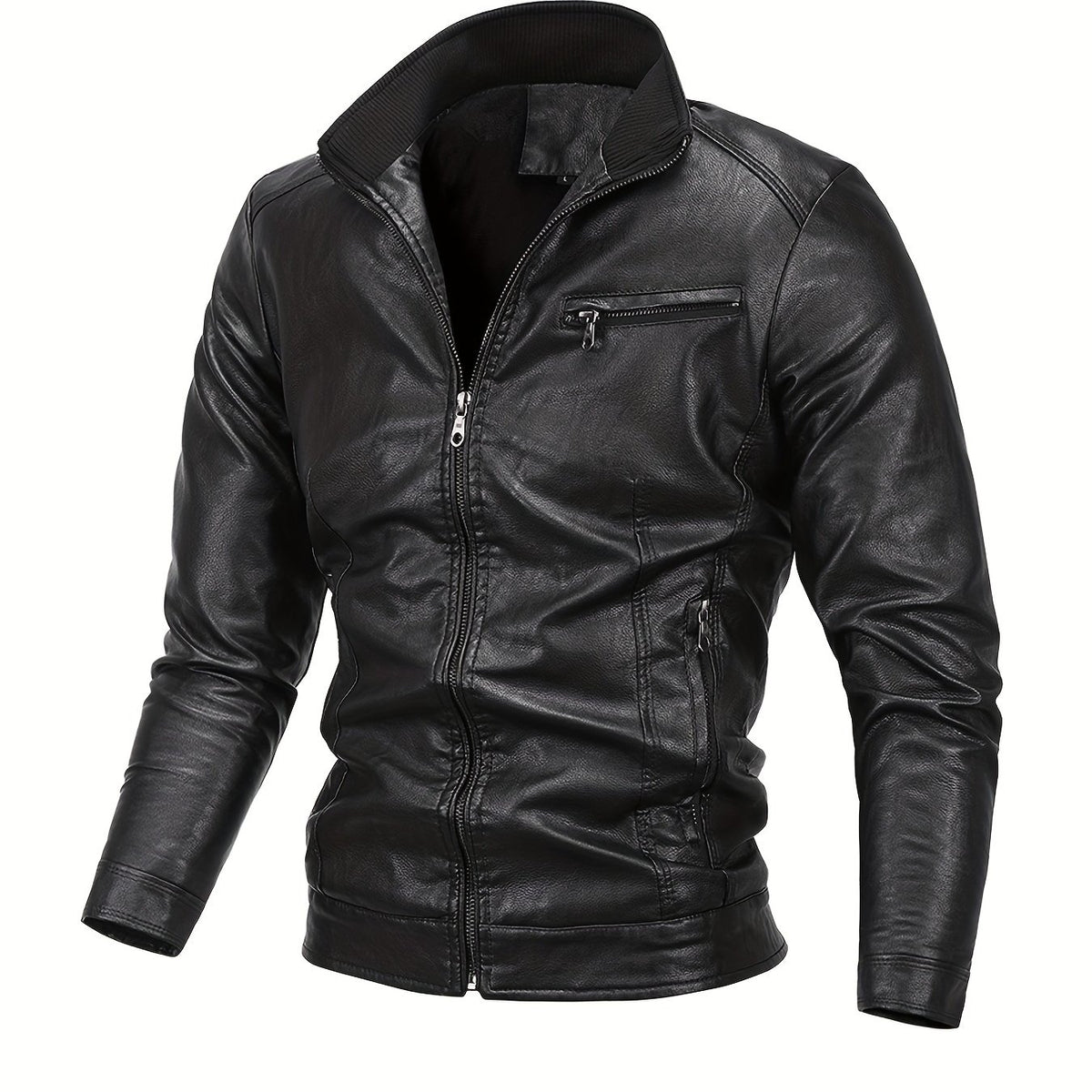 Men's Casual Stand Collar Faux Leather Jacket for Spring Fall