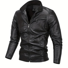 Men's Casual Stand Collar Faux Leather Jacket for Spring Fall