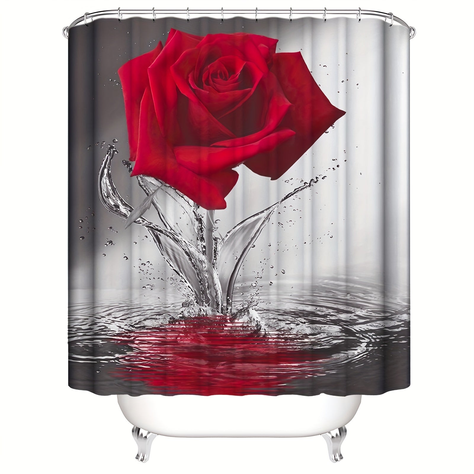 Romantic Floral Red Rose Shower Curtain Set with Non Slip Mat and Hooks