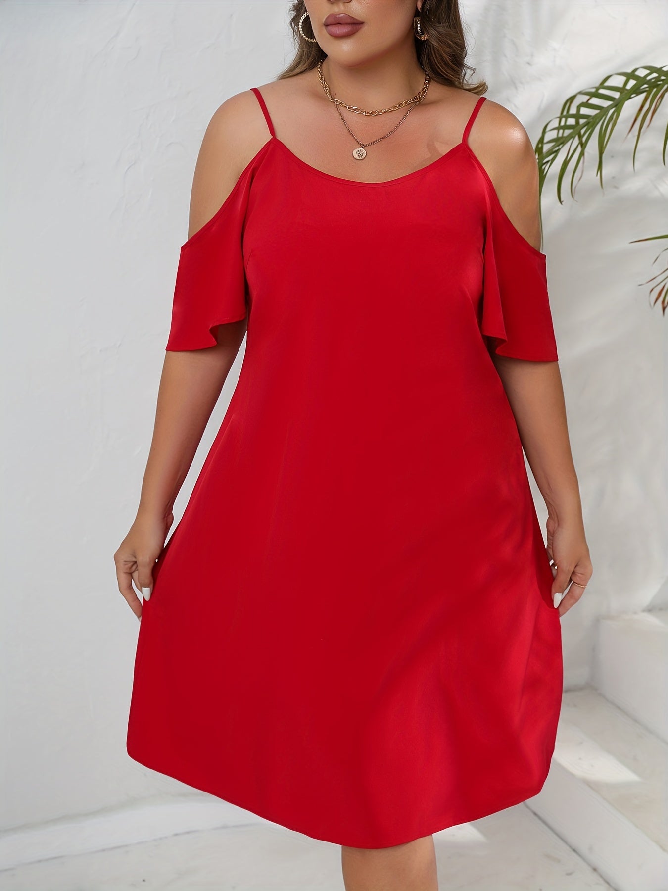  Solid Cold Shoulder Casual Dress Round Neck