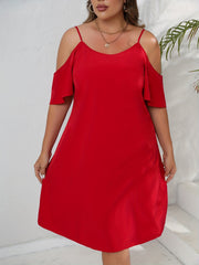  Solid Cold Shoulder Casual Dress Round Neck