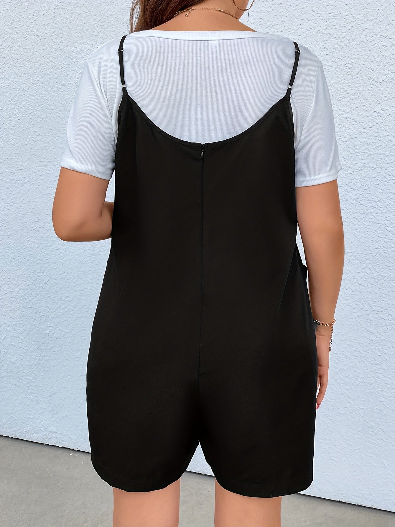  Solid V Neck Cami Romper With Pockets
