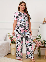  Leopard & Tropical Print Pajama Set Short Sleeve T shirt & Pants