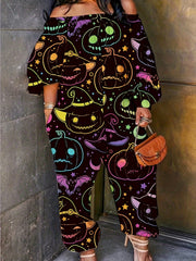  Halloween Jumpsuit Witch Pumpkin Print Off Shoulder Wide Leg Jumpsuit