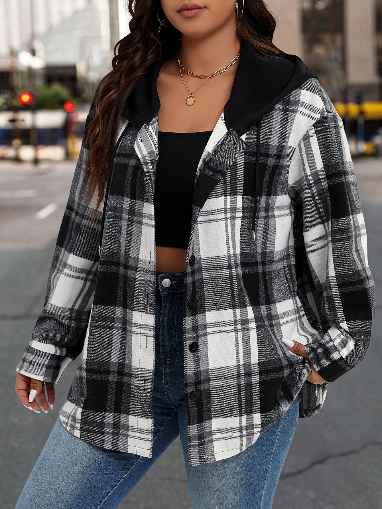  Plaid Print Long Sleeve Button Up Hooded Drawstring Shirt Top
