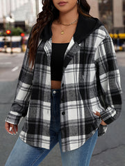  Plaid Print Long Sleeve Button Up Hooded Drawstring Shirt Top