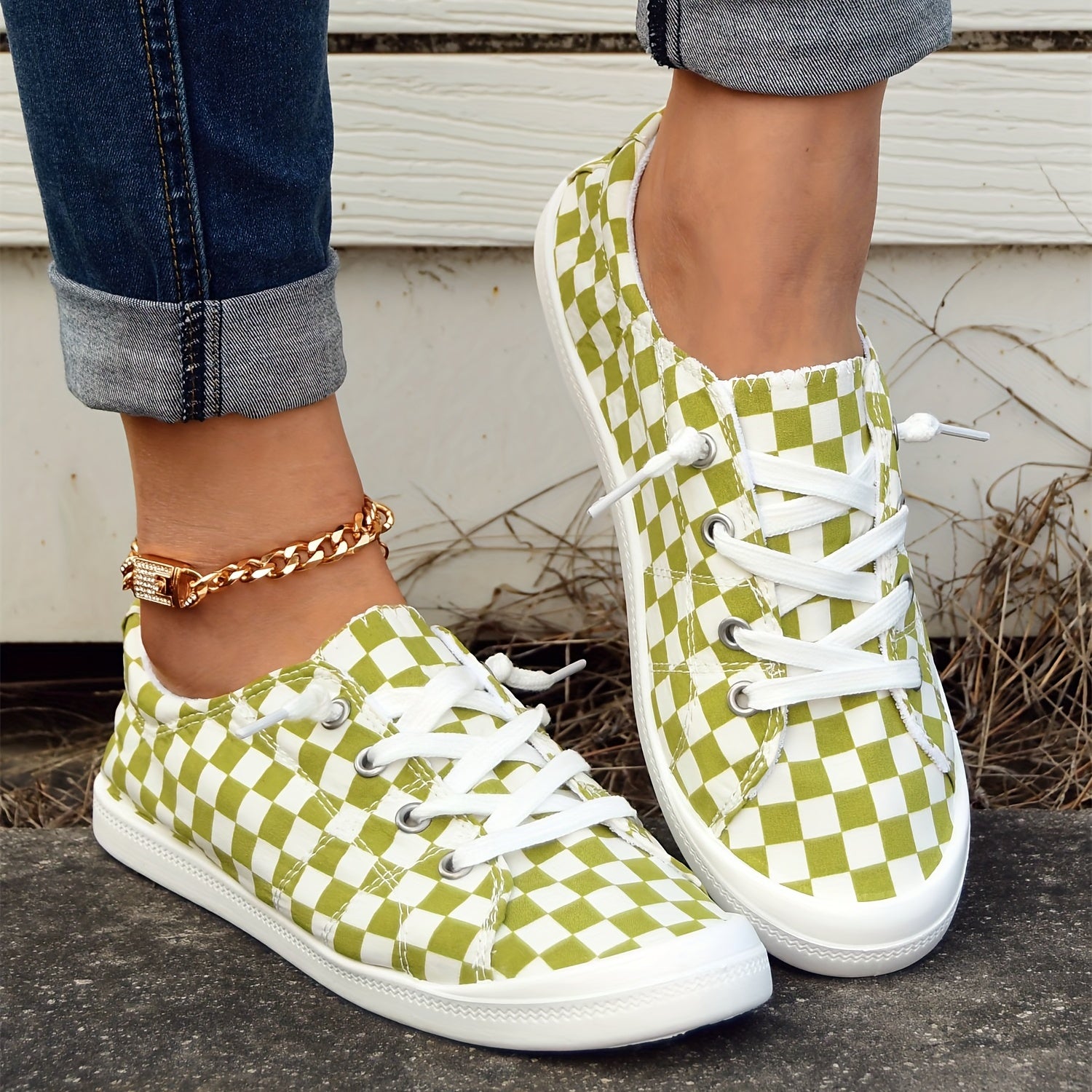 Women's Green Grid Lace Up Shoes Comfy & Lightweight Canvas Shoes