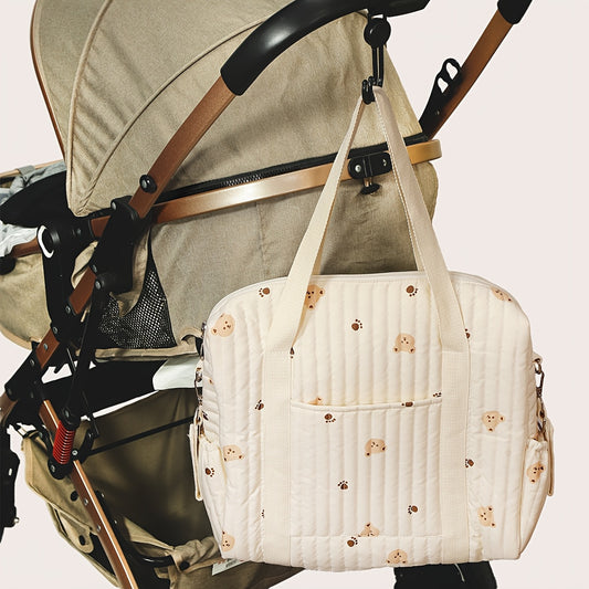 Bear Pattern Quilted Diaper Bag with Shoulder Strap & Stroller Hooks
