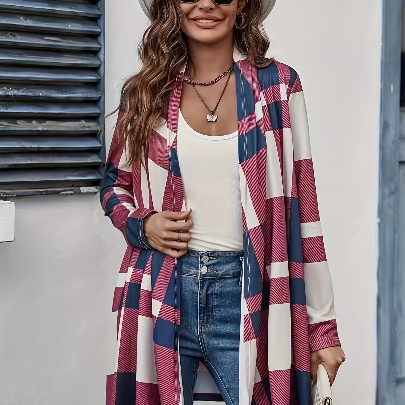  Colorblock Plaid Print Open Front Cardigan
