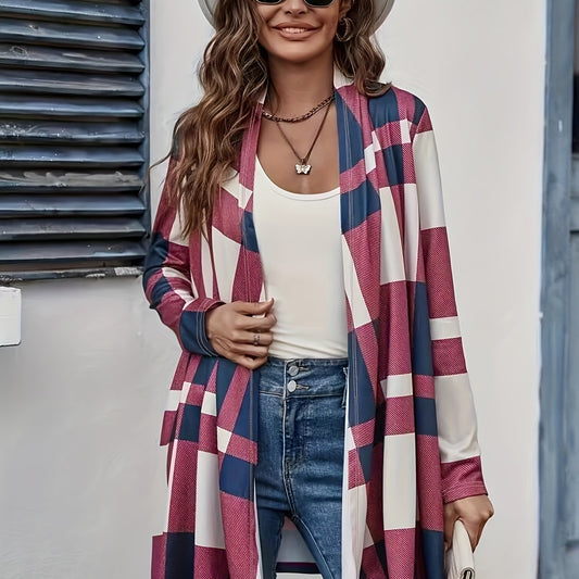  Colorblock Plaid Print Open Front Cardigan