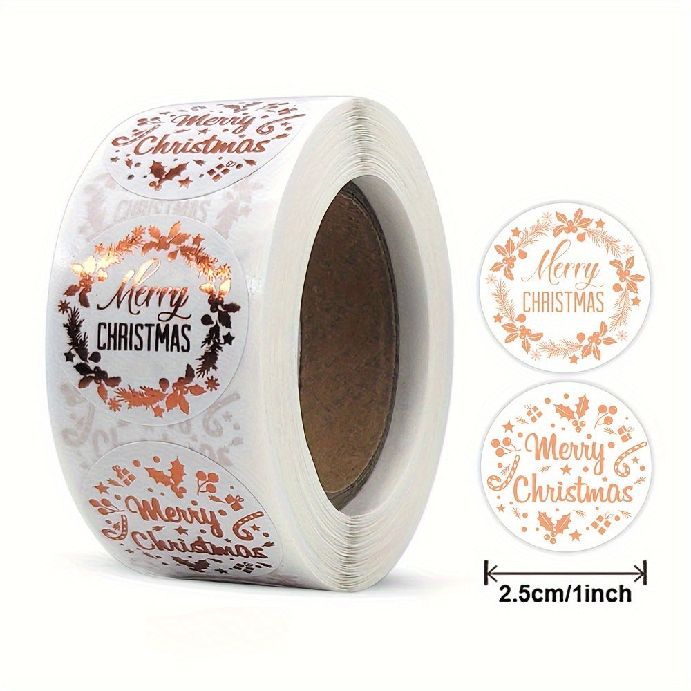 500 Merry Christmas Rose Golden Stickers Roll Xmas Tags Labels Adhesive Seals