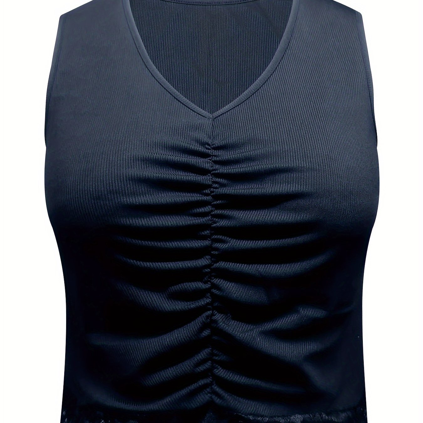  Sexy Tank Top Solid Ruched Lace Trim V Neck Medium Stretch Crop