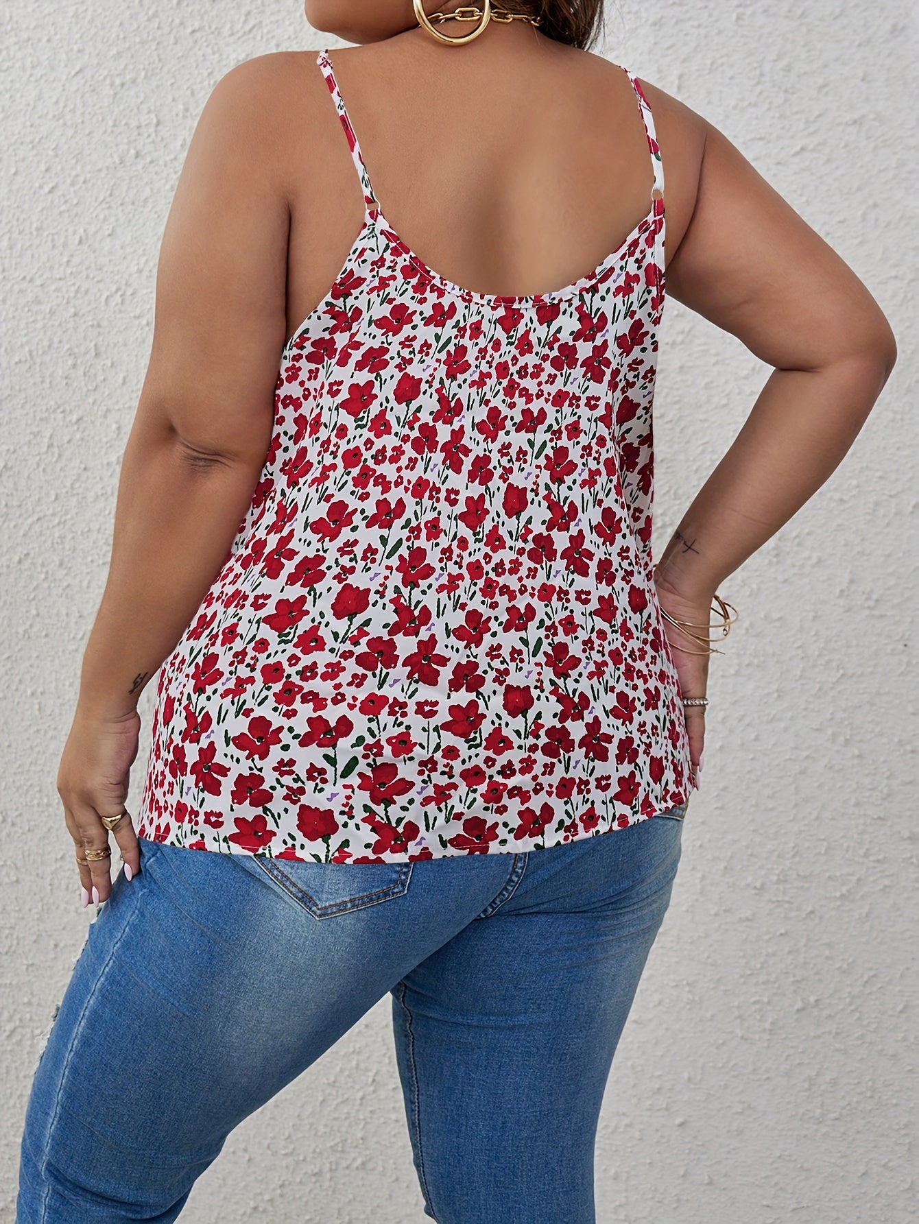  Sexy Cami Top Women's Plus Ditsy Floral Print Lace V Neck