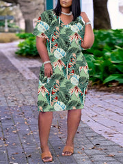 Women's Plus Tropical Print V Neck Dress With Pockets
