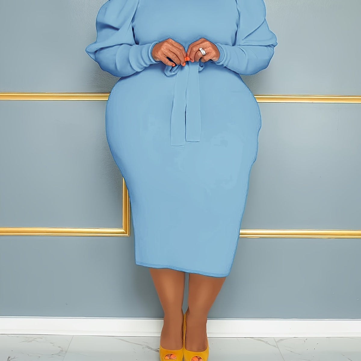  Solid Gigot Sleeve Bodycon Midi Dress With Belt