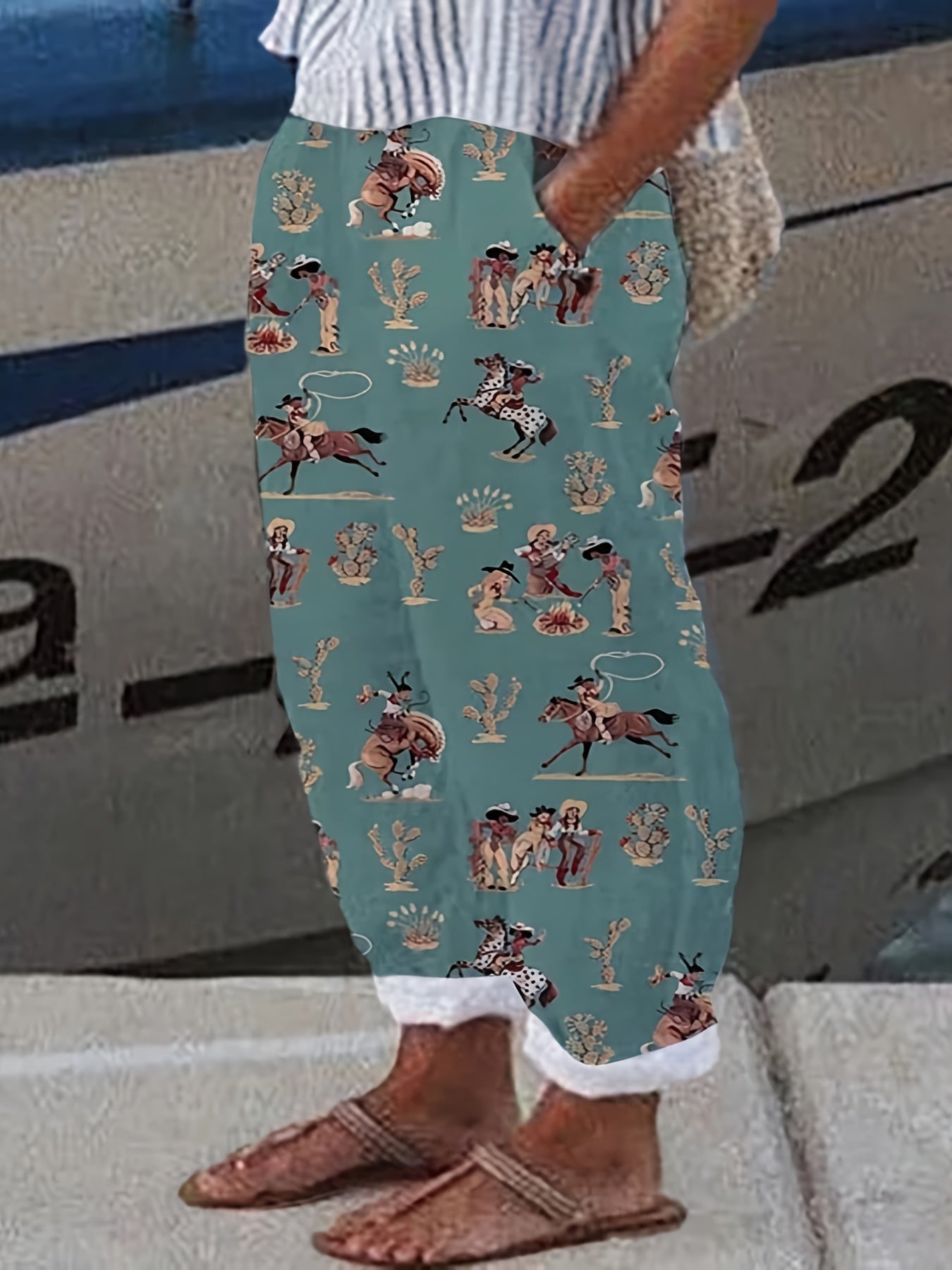 Cowboy Print Plus Size Western Pants Women's Straight Leg Drawstring Trousers