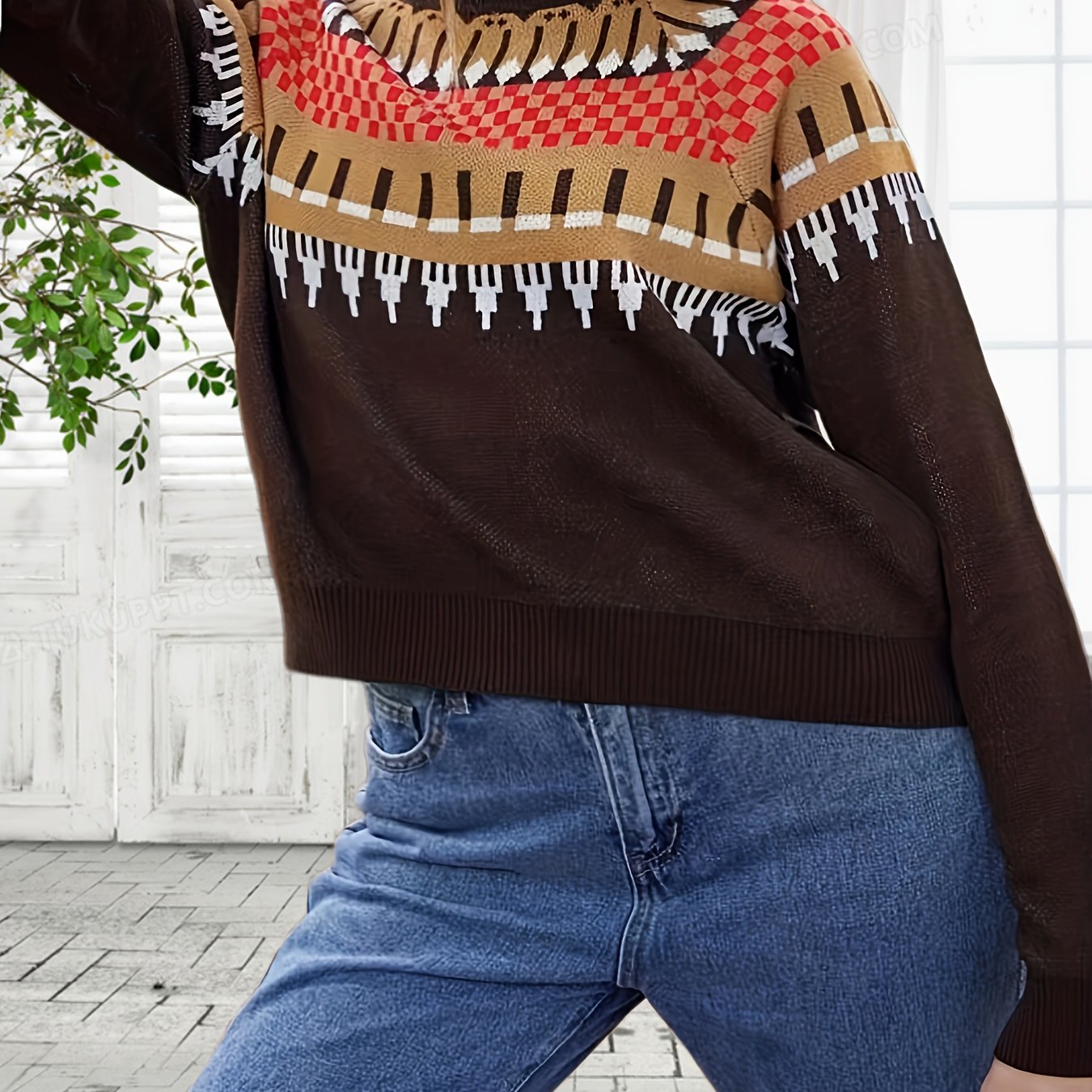 Geometric Print Round Neck Plus Size Sweater