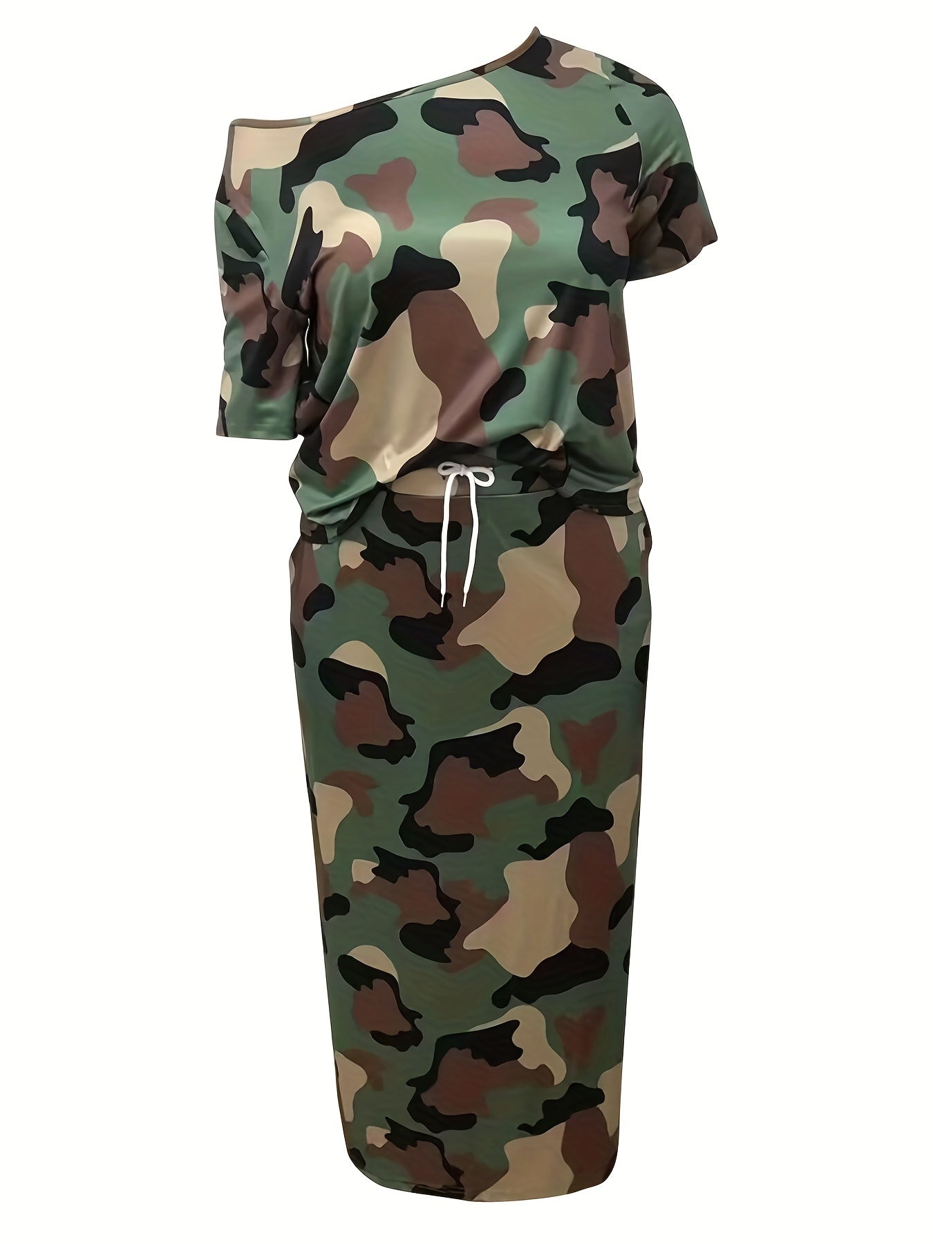  Camo Print One Shoulder Tee & Pocketed Skirt Set