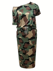  Camo Print One Shoulder Tee & Pocketed Skirt Set