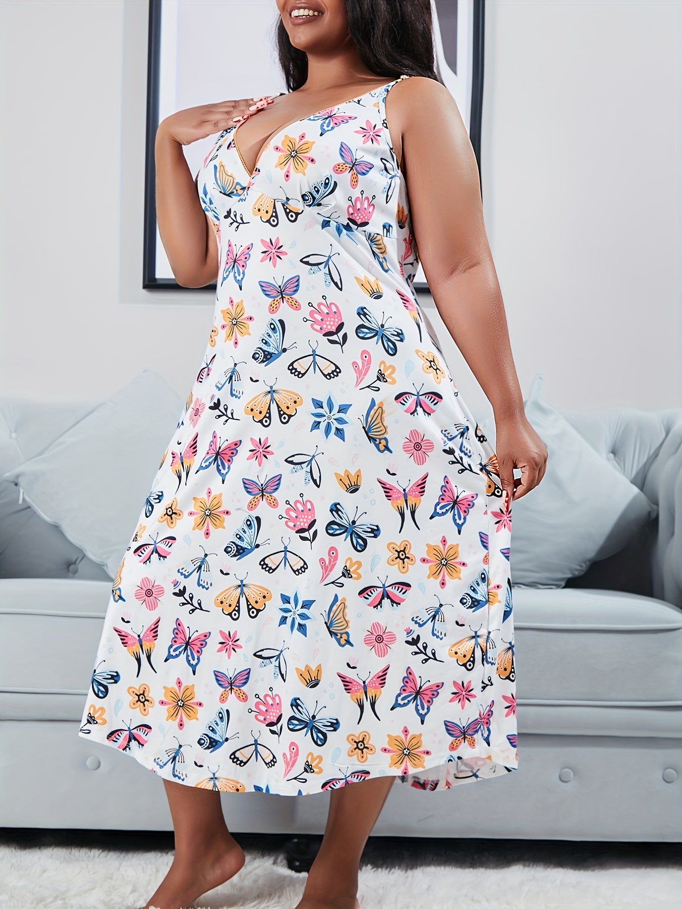  Nightdress Women's Butterfly & Floral Print V Neck Sleep Dress