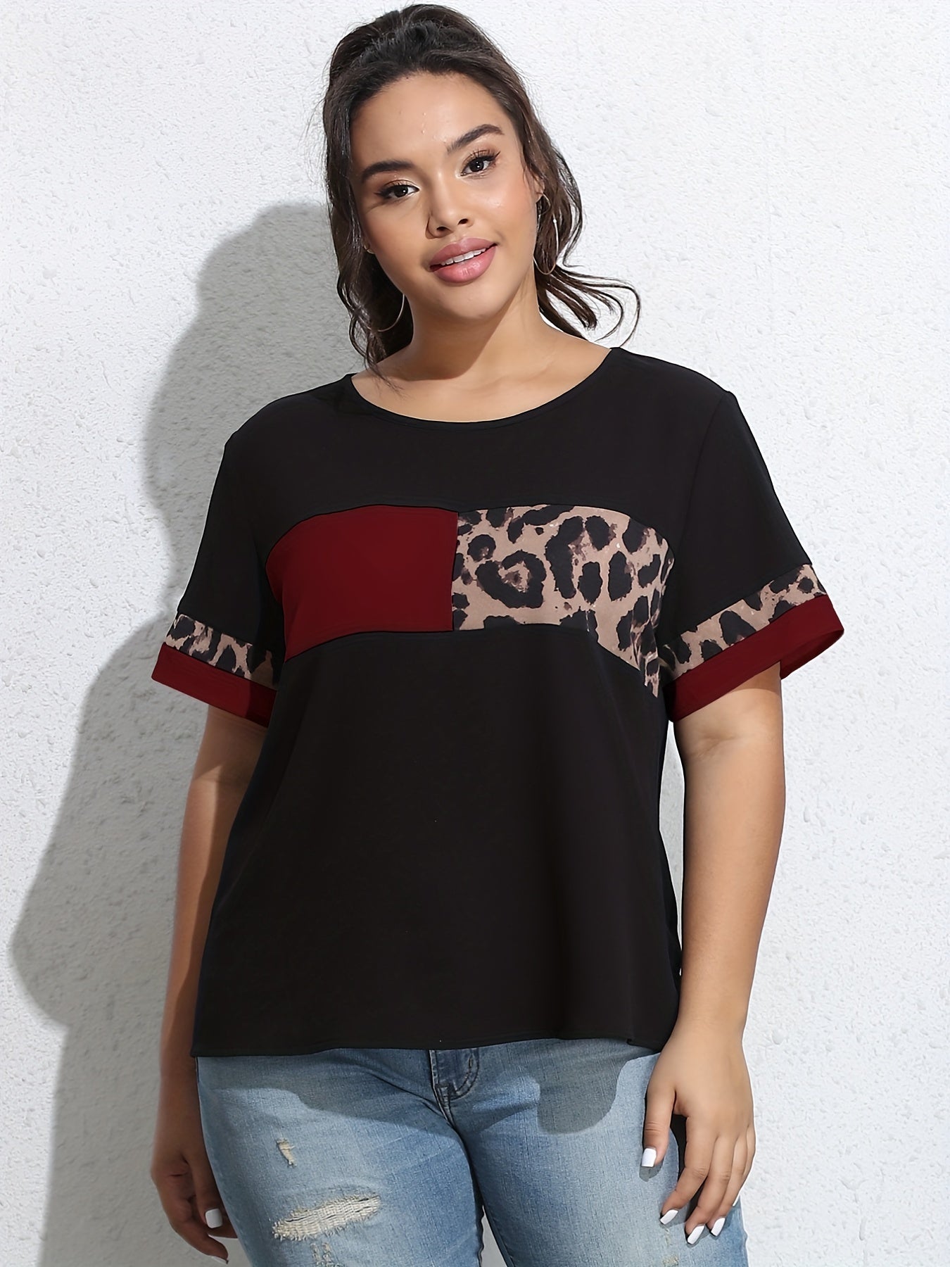  Colorblock Leopard Print Tee