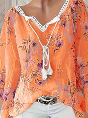  Floral Lace Sleeve Tie Neck Tunic Top