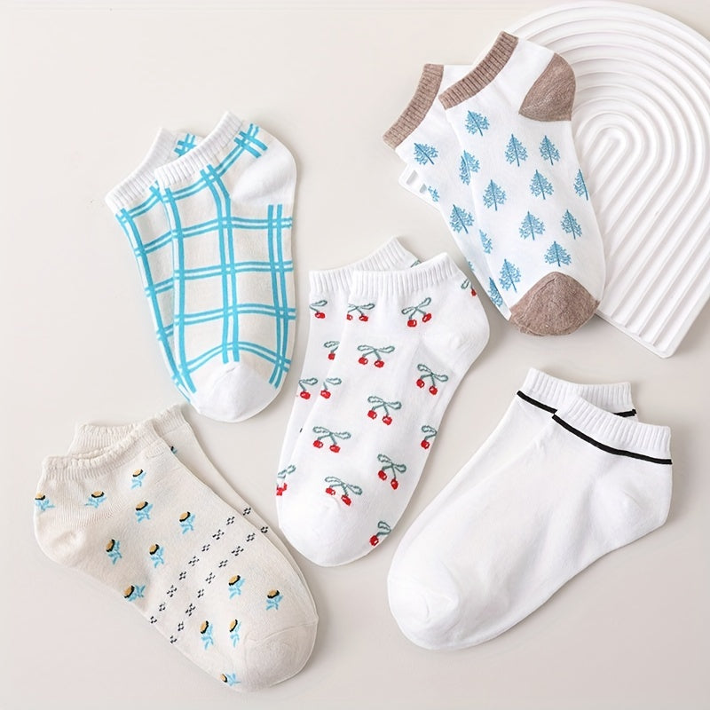 5 Pairs Floral Pattern Socks & Ankle Socks Women's Stockings
