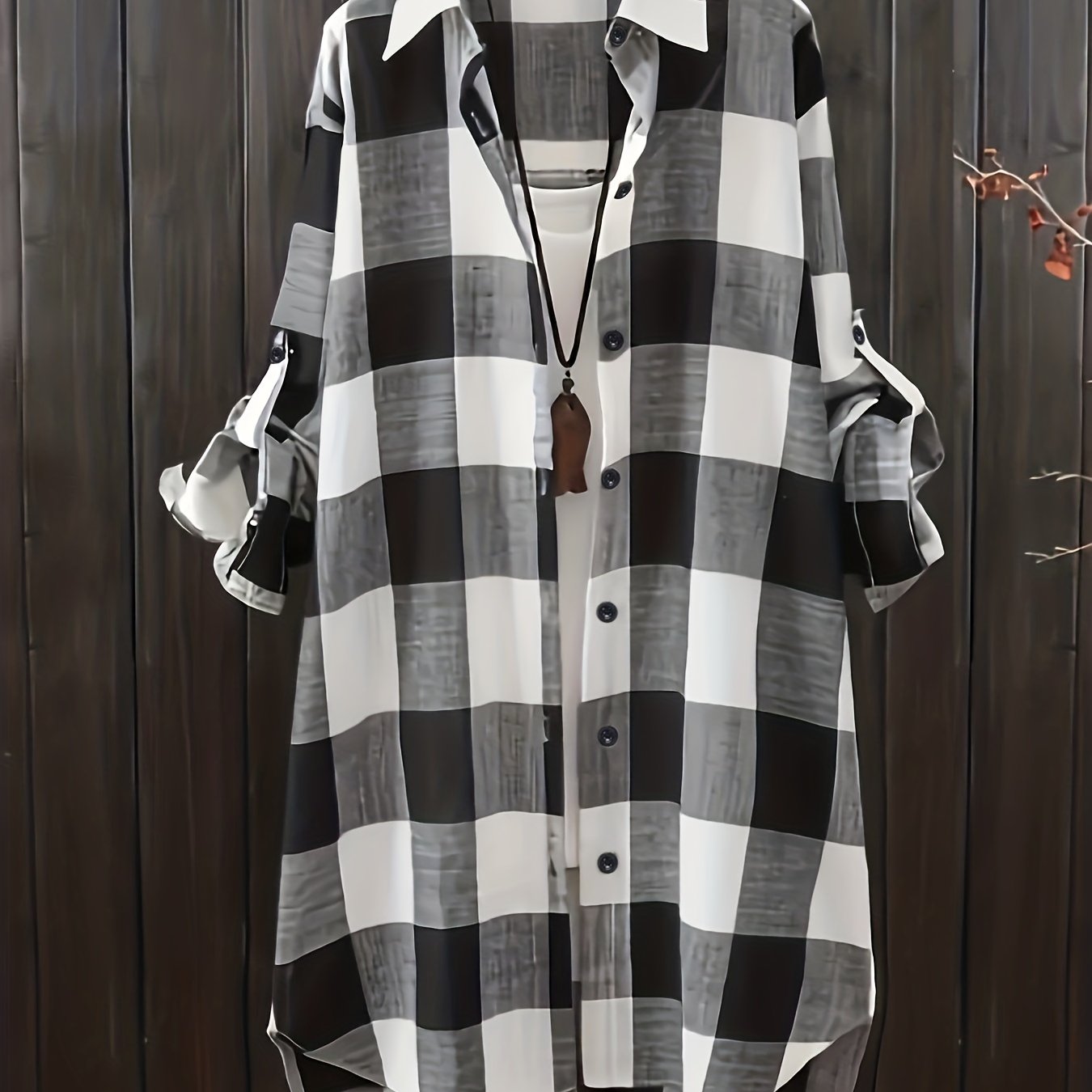  Gingham Button Up Collar Blouse