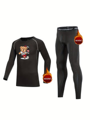 Football Bear Compression Fleece Set, Long Sleeve Pullover, Elastic Waistband