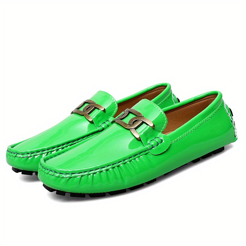 Women's Metal Buckle Flat Loafers Patent Leather Slip On Casual Walking Shoes