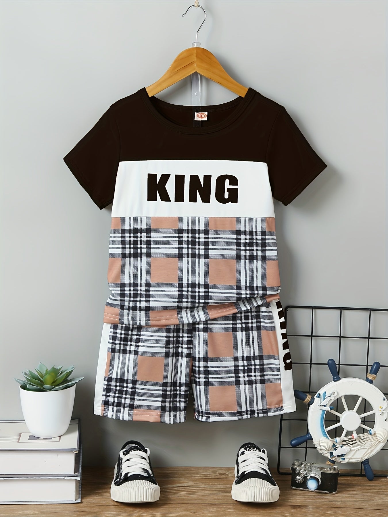 Boys Casual Outfit: T shirt & Plaid Shorts, Summer Kids Clothes