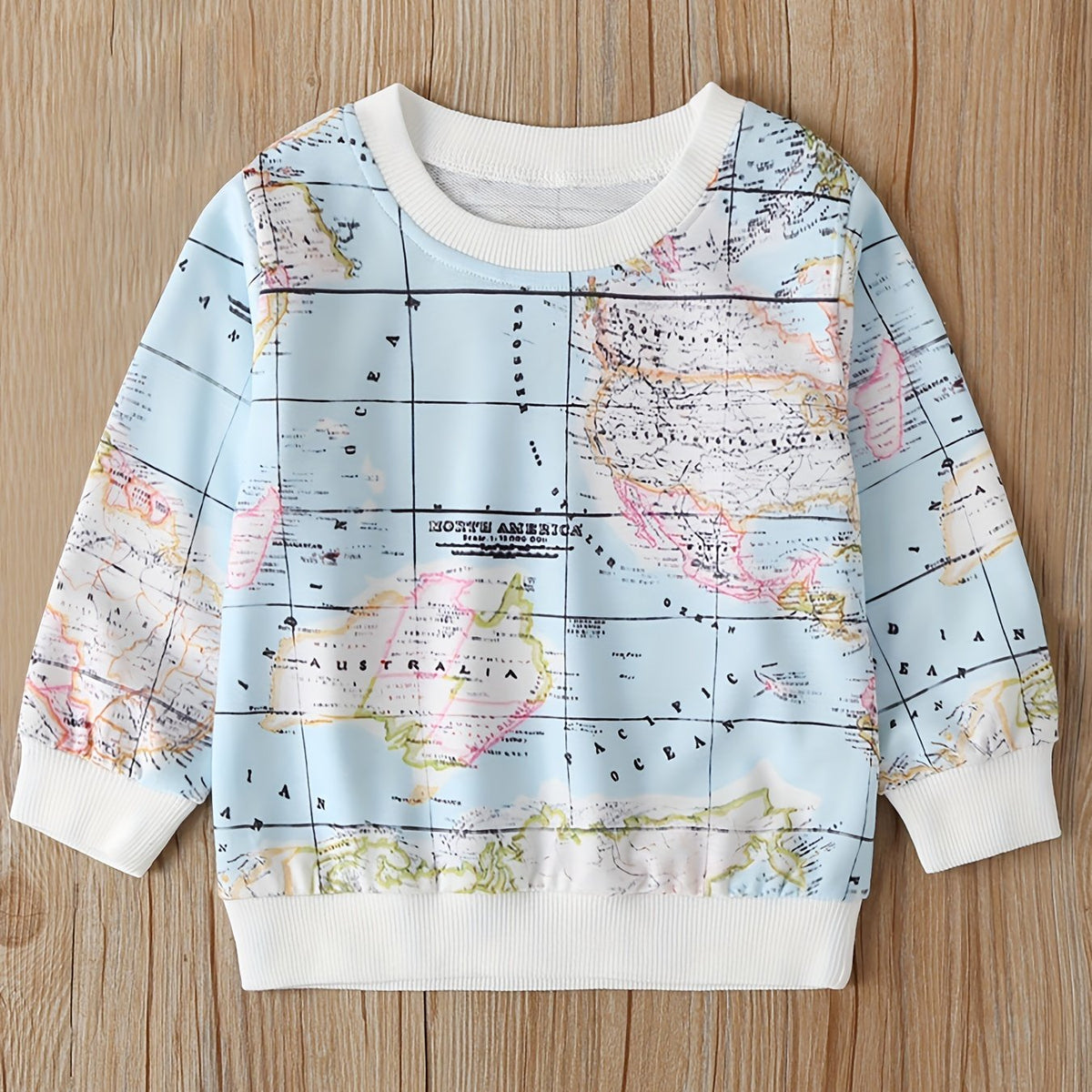 Earth Map Print Boys Casual Pullover Sweatshirt