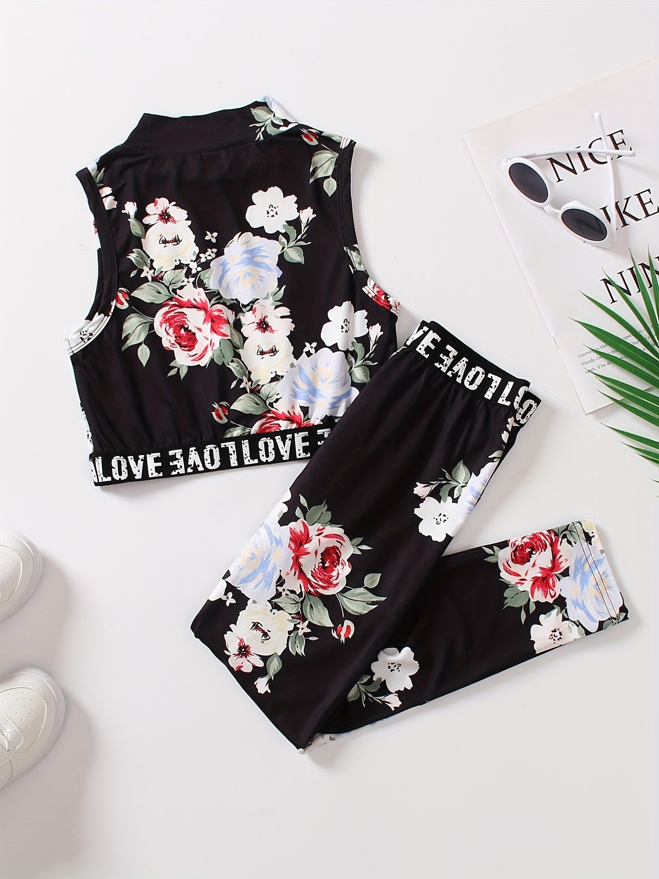 Girl's Boho Tropical Print Tank Top & Pants Set
