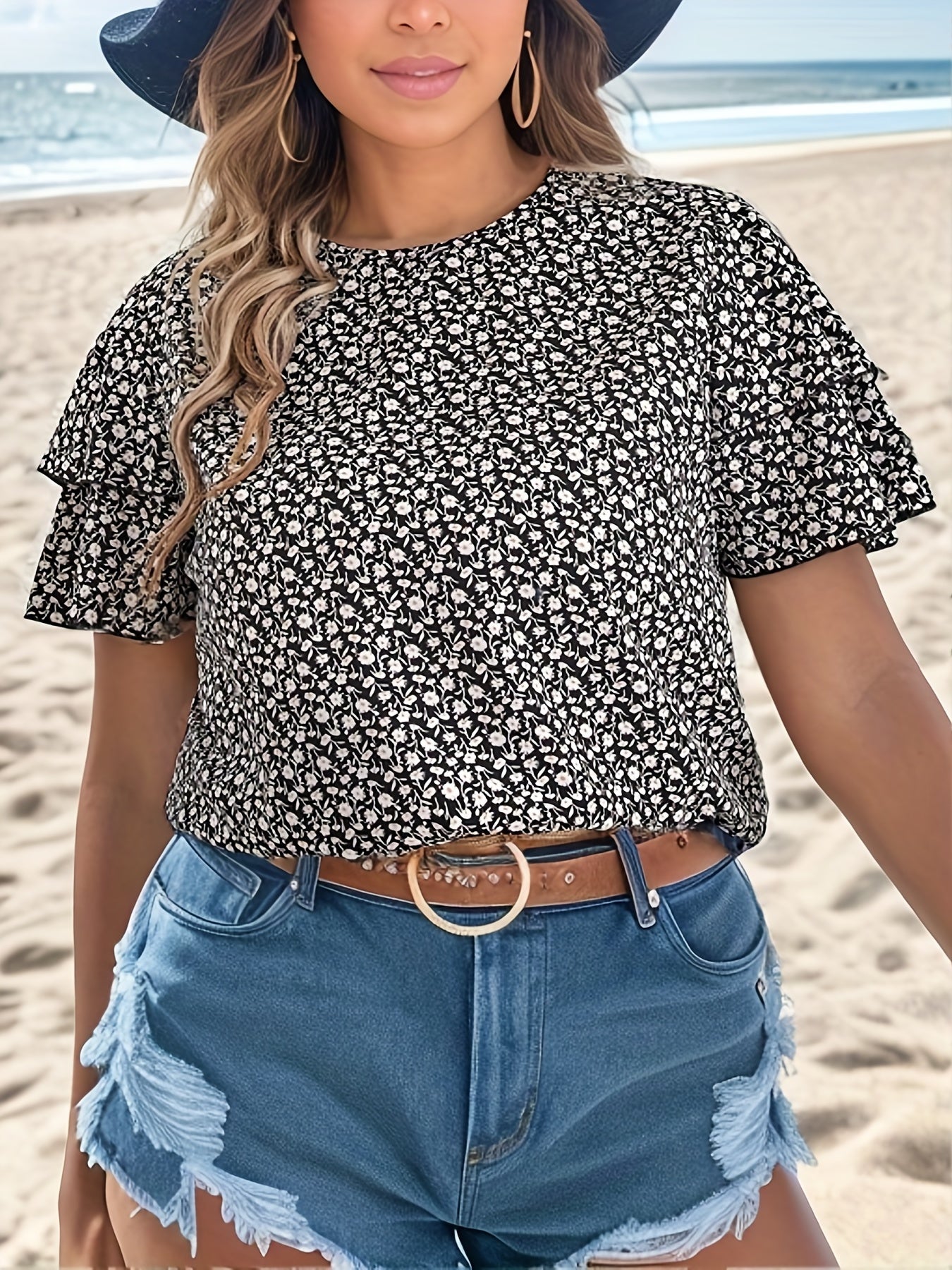  Ditsy Print Layered Short Sleeve Top