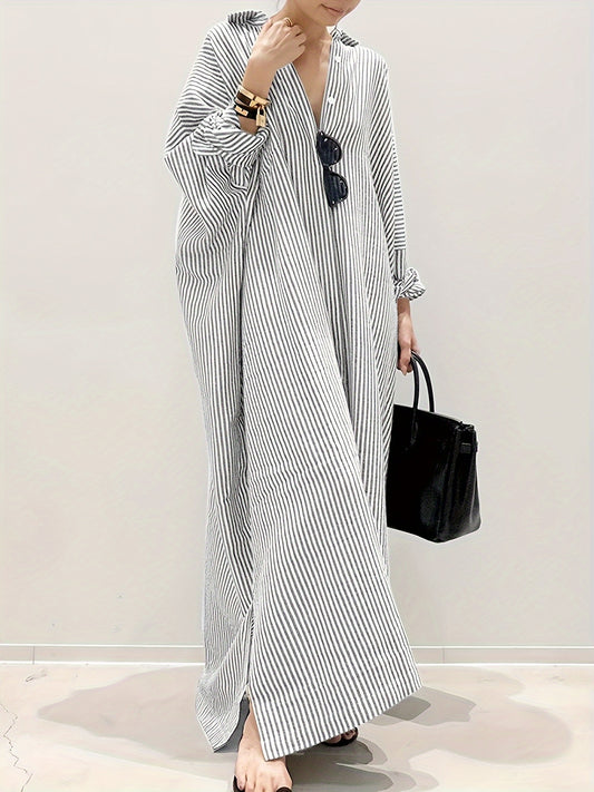  Stripe Print Button Up Long Sleeve Maxi Shirt Dress