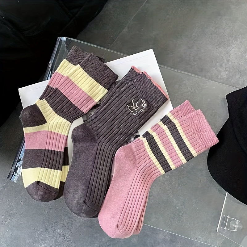 3 Pairs Striped Crew Socks Mid Tube Women's Stockings