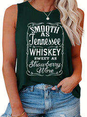 Casual Tank Top Women's Plus Letter Print Round Neck Slight Stretch