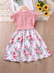 Toddler Girls Ruffle Trim Button Flowers Graphic Princess Dress