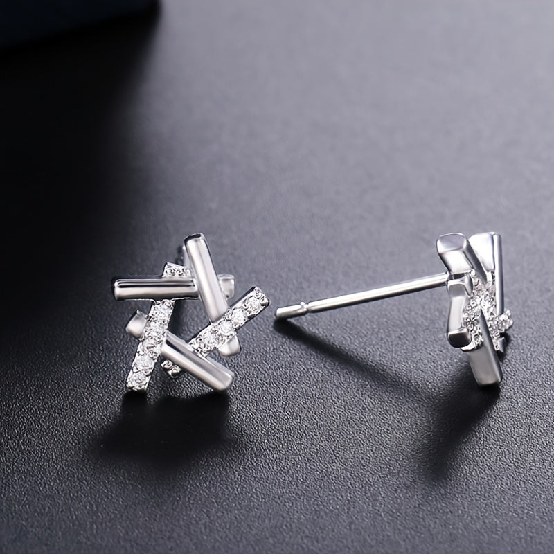925 Silver Plated Star Stud Earrings Zircon Micro Paved Bridal Jewelry Women
