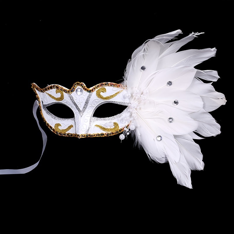 Masquerade Party Mask with Faux Feather & Pearl