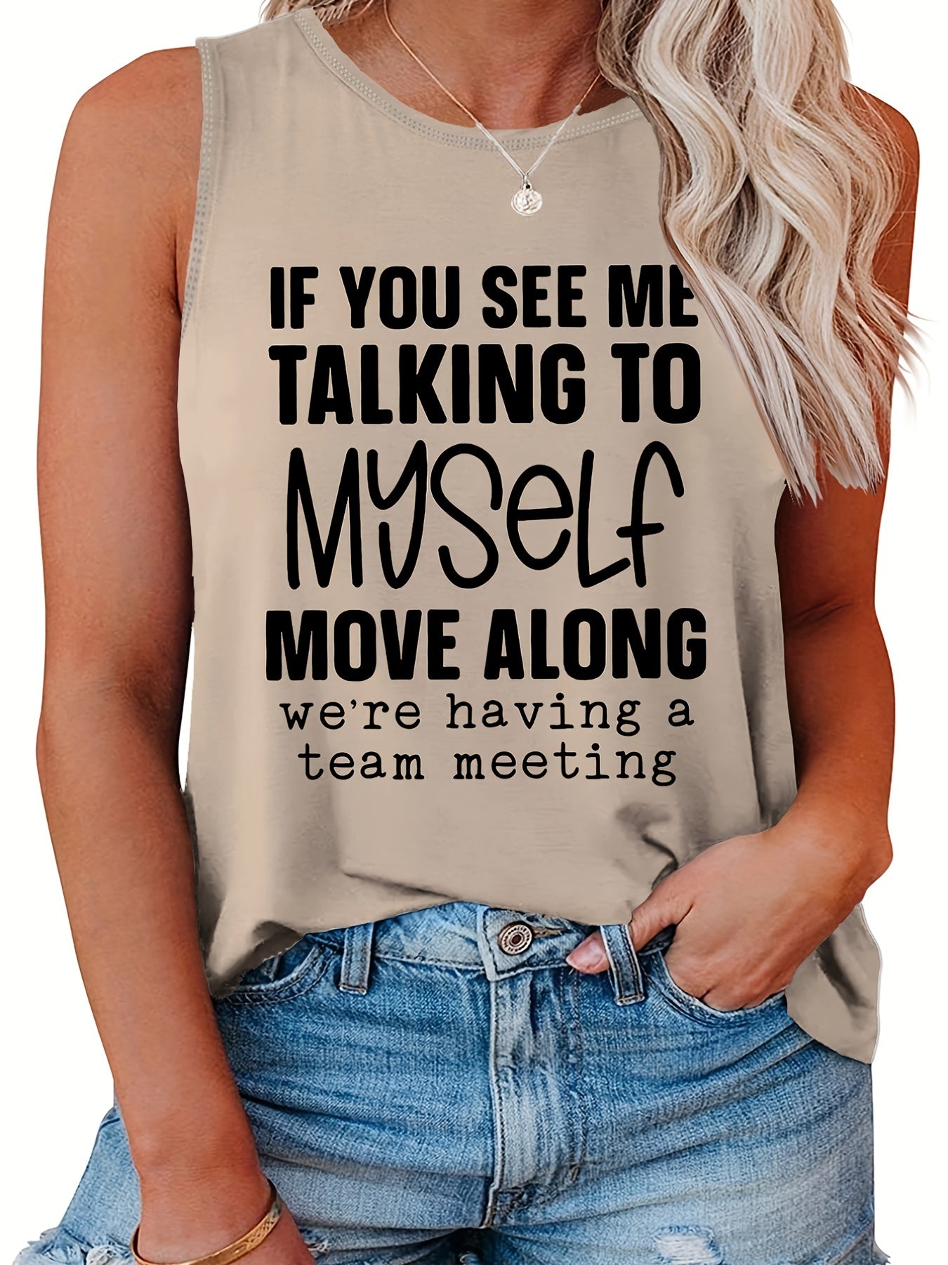  Casual Tank Top Women's Plus Slogan Print Round Neck Tank Top