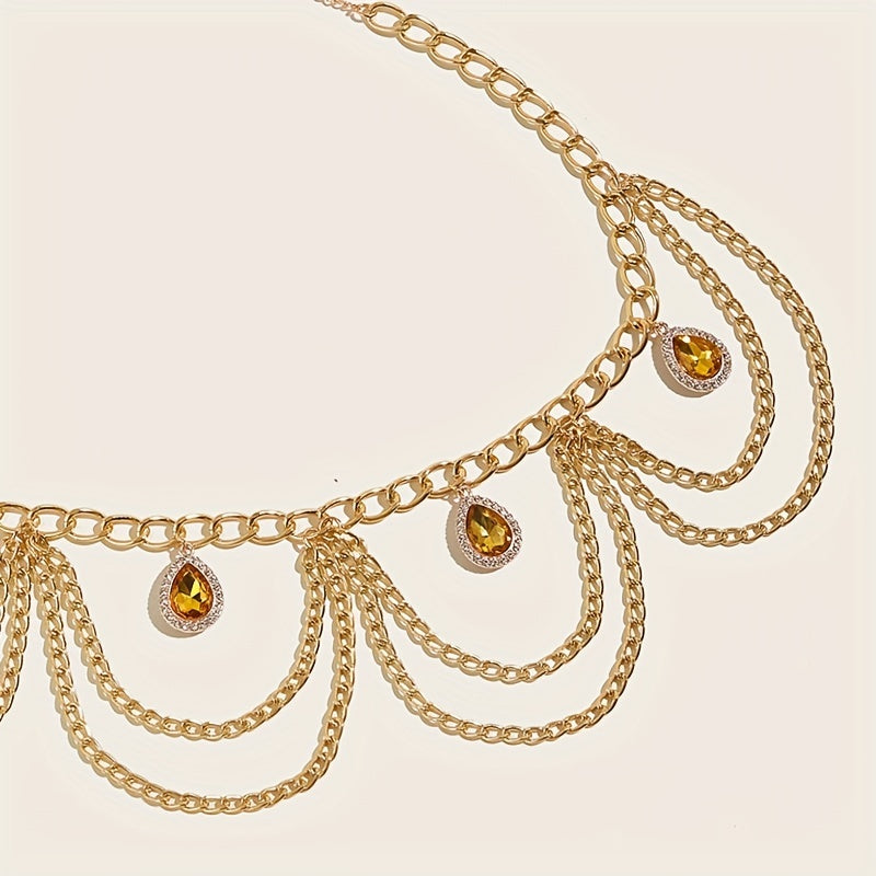Crystal Pendant Waist Chain Layer Wave Tassel Metal Belly Chain