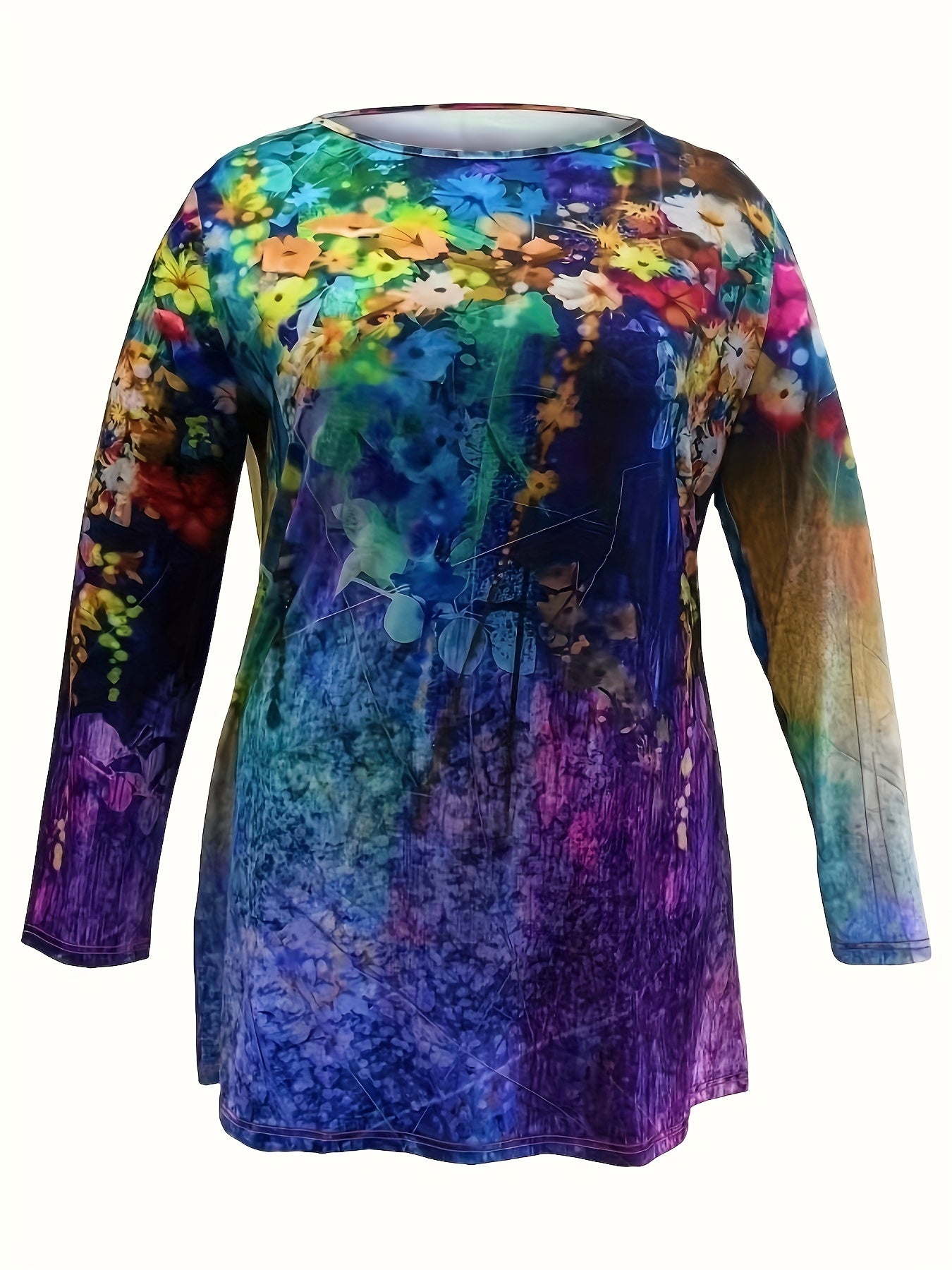  Floral Painting Print Long Sleeve Tee Dress