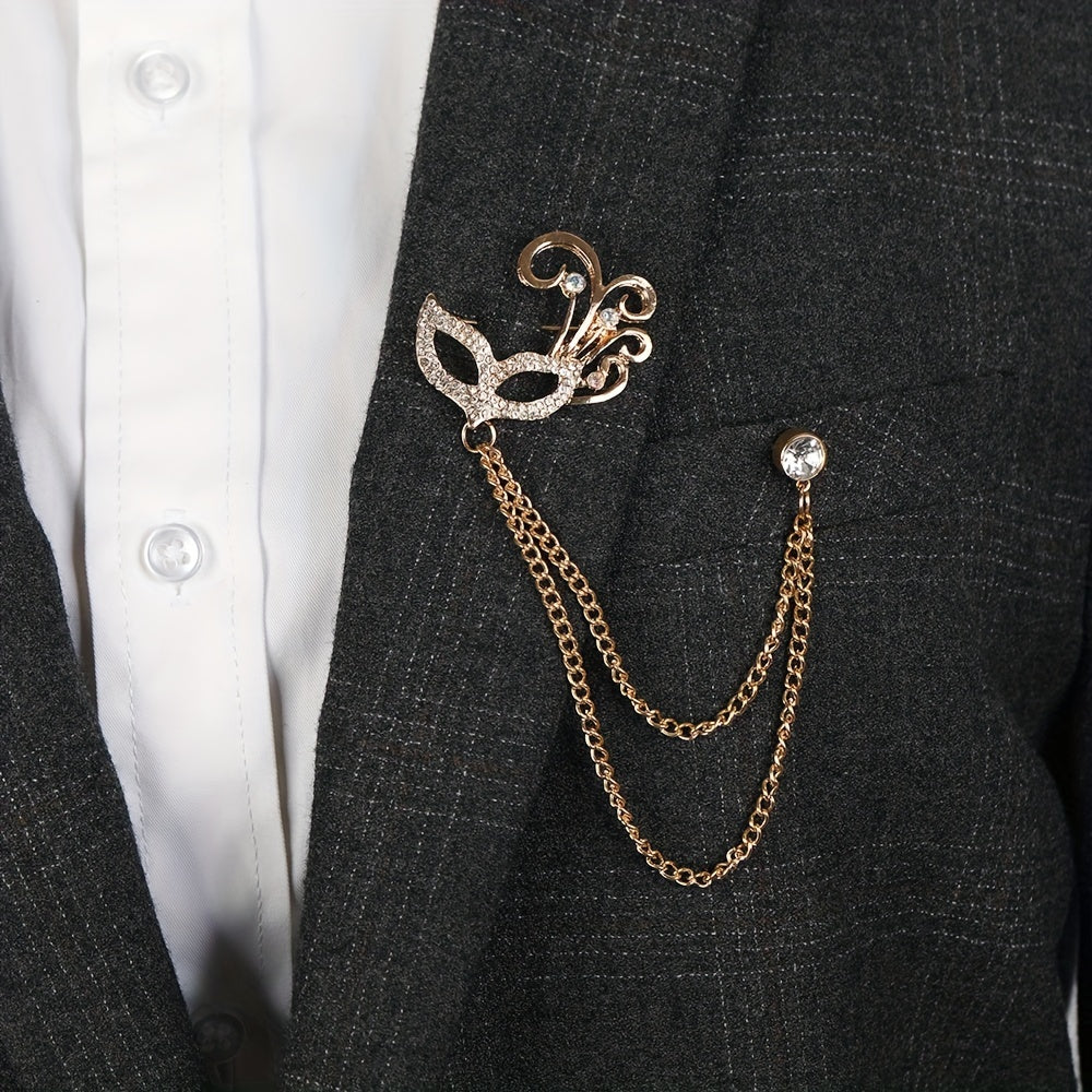 Fox Mask Brooch Crystal Tassel Chain Lapel Pins Suit Accessories