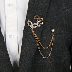 Fox Mask Brooch Crystal Tassel Chain Lapel Pins Suit Accessories