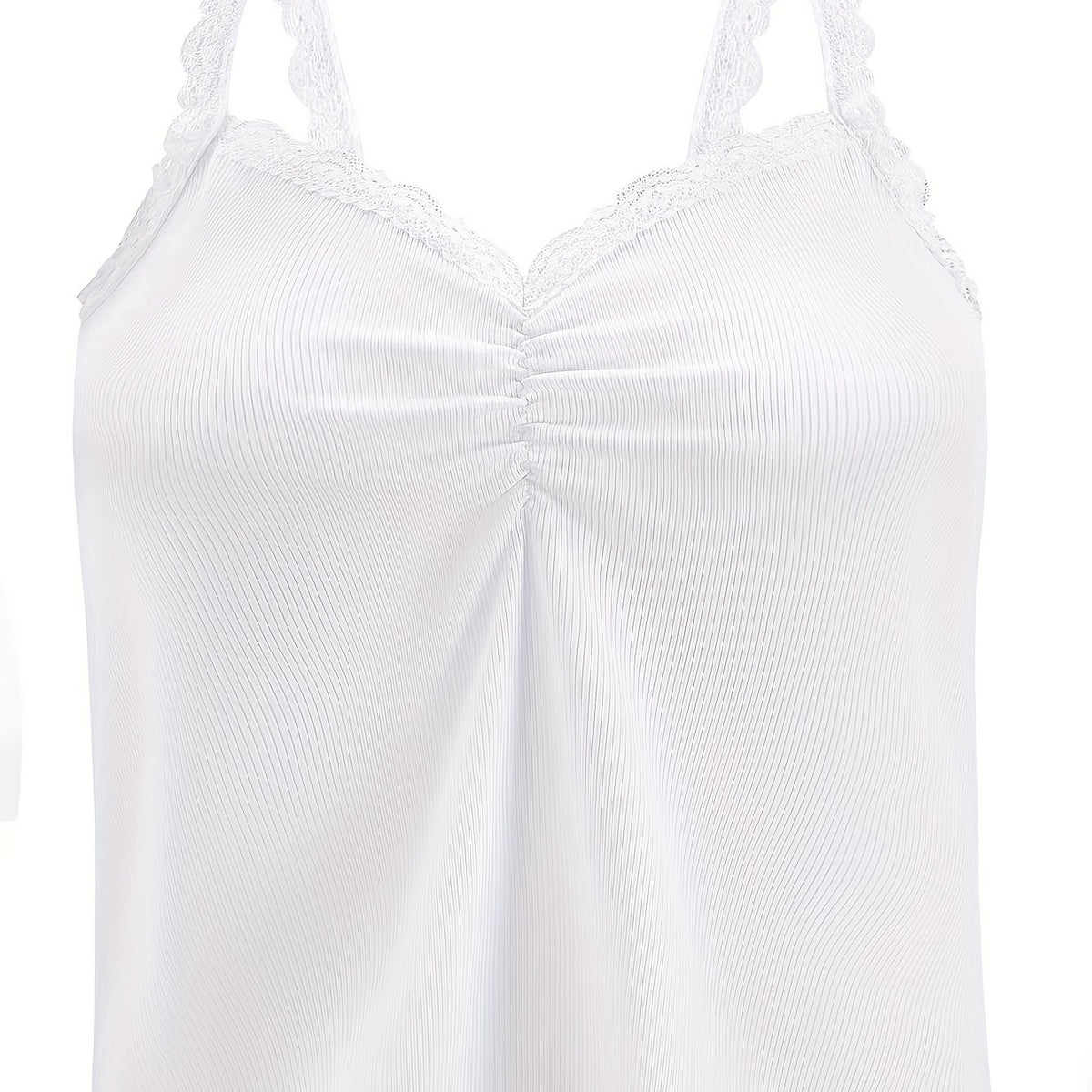  Solid Ribbed Lace Trim V Neck Cami Top