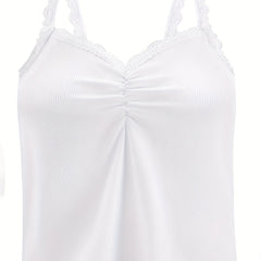  Solid Ribbed Lace Trim V Neck Cami Top