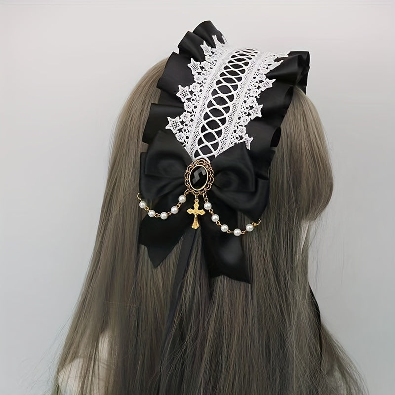 Lolita Wide Lace Headband Bow Ruffles Hair Band Faux Pearl Chain Cross