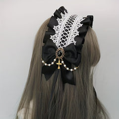 Lolita Wide Lace Headband Bow Ruffles Hair Band Faux Pearl Chain Cross
