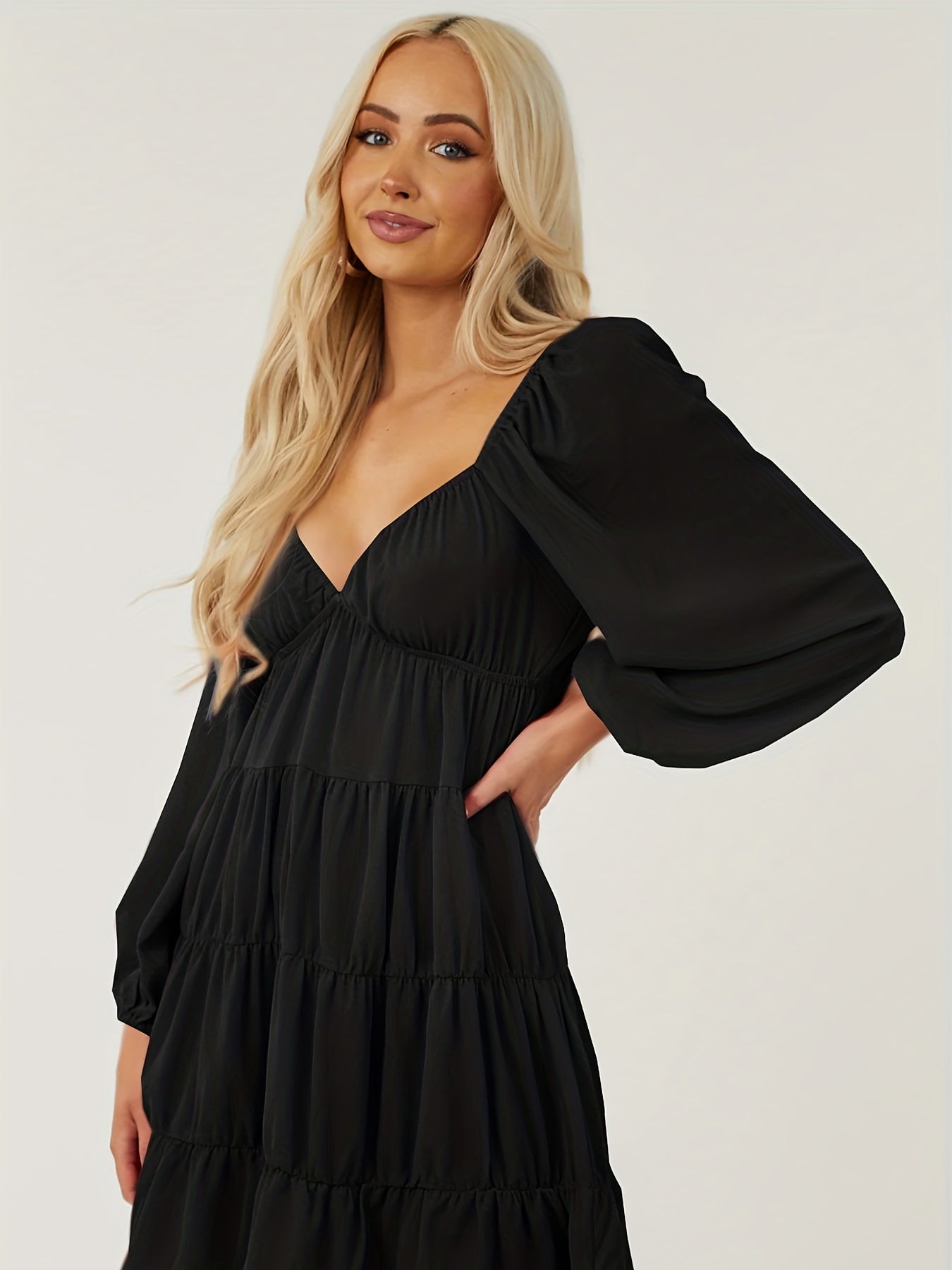  Lantern Sleeve V Neck Smock Pleated Dress